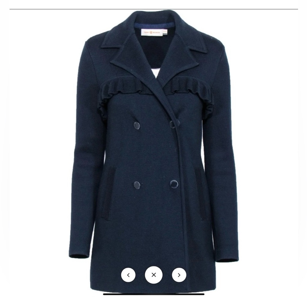 Tory Burch Navy Ruffled Double Breasted Wool Blend Coat Like New Size Large